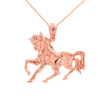 Load image into Gallery viewer, Running Stallion Race Horse Pendant in Gold (hollow back) - solid gold, solid gold jewelry, handmade solid gold jewelry, handmade jewelry, handmade designer jewelry, solid gold handmade designer jewelry, chic jewelry, trendy jewelry, trending jewelry, jewelry that&#39;s trending, handmade chic jewelry, handmade trendy jewelry, mod-chic jewelry, handmade mod-chic jewelry, designer jewelry, chic designer jewelry, handmade designer, affordable jewelry