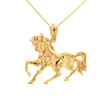 Load image into Gallery viewer, Running Stallion Race Horse Pendant in Gold (hollow back) - solid gold, solid gold jewelry, handmade solid gold jewelry, handmade jewelry, handmade designer jewelry, solid gold handmade designer jewelry, chic jewelry, trendy jewelry, trending jewelry, jewelry that&#39;s trending, handmade chic jewelry, handmade trendy jewelry, mod-chic jewelry, handmade mod-chic jewelry, designer jewelry, chic designer jewelry, handmade designer, affordable jewelry