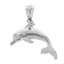 Load image into Gallery viewer, Jumping Dolphin Ocean Sea Animal Pendant in Sterling Silver - solid gold, solid gold jewelry, handmade solid gold jewelry, handmade jewelry, handmade designer jewelry, solid gold handmade designer jewelry, chic jewelry, trendy jewelry, trending jewelry, jewelry that&#39;s trending, handmade chic jewelry, handmade trendy jewelry, mod-chic jewelry, handmade mod-chic jewelry, designer jewelry, chic designer jewelry, handmade designer