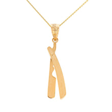Load image into Gallery viewer, Barber Straight Edge Razor Blade Pendant in Gold (extends like a real version) - solid gold, solid gold jewelry, handmade solid gold jewelry, handmade jewelry, handmade designer jewelry, solid gold handmade designer jewelry, chic jewelry, trendy jewelry, trending jewelry, jewelry that&#39;s trending, handmade chic jewelry, handmade trendy jewelry, mod-chic jewelry, handmade mod-chic jewelry, designer jewelry, chic designer jewelry, handmade designer