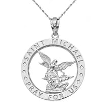 Load image into Gallery viewer, Saint Michael Pray for Us Round Charm Pendant and Necklace in Sterling Silver