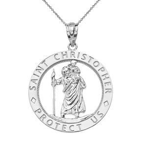 Round Saint Christopher Charm Pendant and Necklace in Sterling Silver