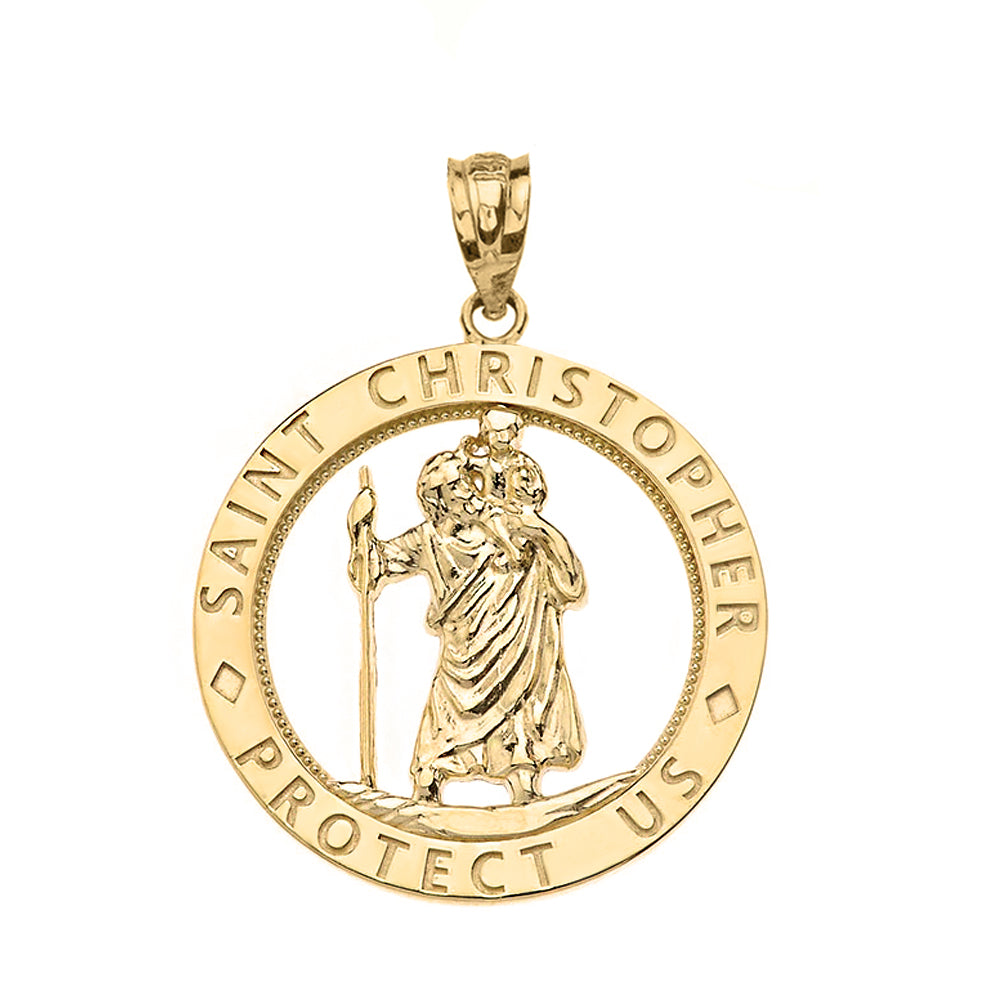 Round Saint Christopher Charm Pendant and Necklace in Gold