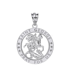 Load image into Gallery viewer, Saint George Pray for Us Round Charm Pendant and Necklace in Sterling Silver