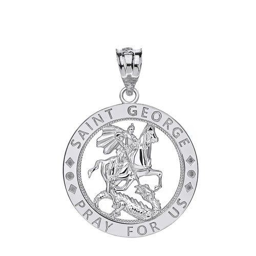 Saint George Pray for Us Round Charm Pendant and Necklace in Sterling Silver