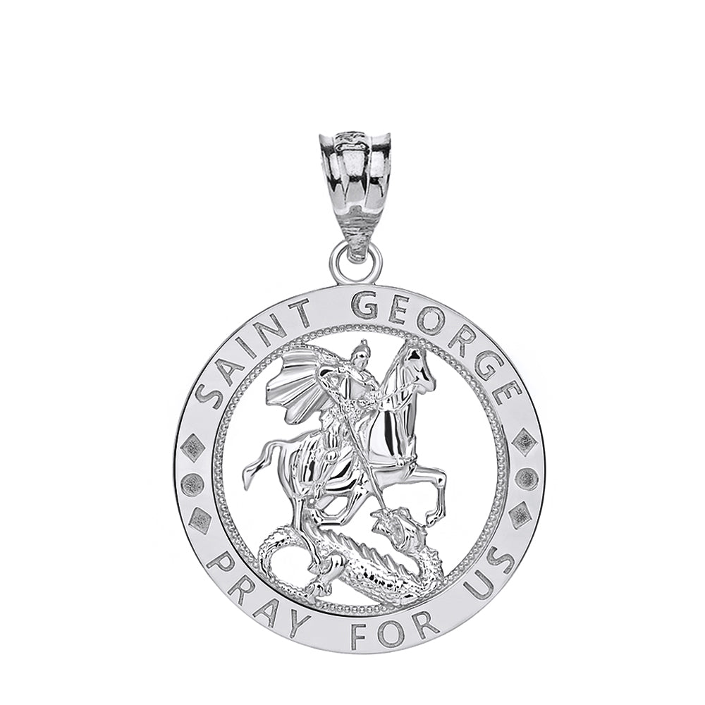 Saint George Pray for Us Round Charm Pendant and Necklace in Sterling Silver