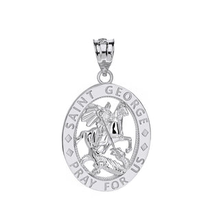 Saint George Pray for Us Oval Charm Pendant and Necklace in Sterling Silver
