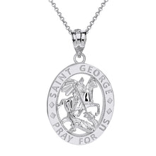 Load image into Gallery viewer, Saint George Pray for Us Oval Charm Pendant and Necklace in Sterling Silver