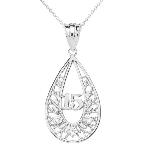 Shiny Filigree 15 Anos Quinceanera Pendant Necklace in Sterling Silver - solid gold, solid gold jewelry, handmade solid gold jewelry, handmade jewelry, handmade designer jewelry, solid gold handmade designer jewelry, chic jewelry, trendy jewelry, trending jewelry, jewelry that's trending, handmade chic jewelry, handmade trendy jewelry, mod-chic jewelry, handmade mod-chic jewelry, designer jewelry, chic designer jewelry, handmade designer, affordable jewelry