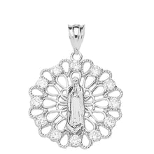 Load image into Gallery viewer, Shiny Filigree Lady of Guadalupe Decorative Pendant Necklace in Sterling Silver - solid gold, solid gold jewelry, handmade solid gold jewelry, handmade jewelry, handmade designer jewelry, solid gold handmade designer jewelry, chic jewelry, trendy jewelry, trending jewelry, jewelry that&#39;s trending, handmade chic jewelry, handmade trendy jewelry, mod-chic jewelry, handmade mod-chic jewelry, designer jewelry, chic designer jewelry, handmade designer, affordable jewelry