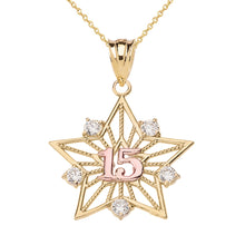 Load image into Gallery viewer, Filigree Star Design 15 Anos Quinceanera Pendant Necklace in Two-Tone Gold - solid gold, solid gold jewelry, handmade solid gold jewelry, handmade jewelry, handmade designer jewelry, solid gold handmade designer jewelry, chic jewelry, trendy jewelry, trending jewelry, jewelry that&#39;s trending, handmade chic jewelry, handmade trendy jewelry, mod-chic jewelry, handmade mod-chic jewelry, designer jewelry, chic designer jewelry, handmade designer