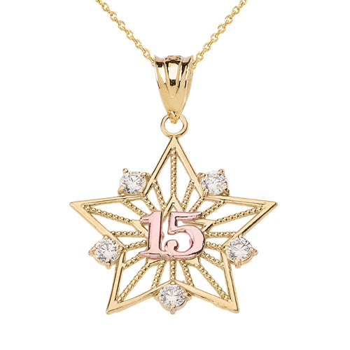 Filigree Star Design 15 Anos Quinceanera Pendant Necklace in Two-Tone Gold - solid gold, solid gold jewelry, handmade solid gold jewelry, handmade jewelry, handmade designer jewelry, solid gold handmade designer jewelry, chic jewelry, trendy jewelry, trending jewelry, jewelry that's trending, handmade chic jewelry, handmade trendy jewelry, mod-chic jewelry, handmade mod-chic jewelry, designer jewelry, chic designer jewelry, handmade designer