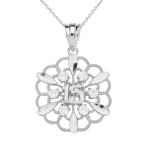 Filigree Floral Design 15 Anos Quinceanera Pendant Necklace in Sterling Silver - solid gold, solid gold jewelry, handmade solid gold jewelry, handmade jewelry, handmade designer jewelry, solid gold handmade designer jewelry, chic jewelry, trendy jewelry, trending jewelry, jewelry that's trending, handmade chic jewelry, handmade trendy jewelry, mod-chic jewelry, handmade mod-chic jewelry, designer jewelry, chic designer jewelry, handmade designer