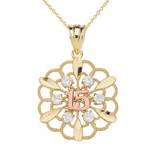 Load image into Gallery viewer, Filigree Floral Design 15 Anos Quinceanera Pendant Necklace in Two-Tone Gold - solid gold, solid gold jewelry, handmade solid gold jewelry, handmade jewelry, handmade designer jewelry, solid gold handmade designer jewelry, chic jewelry, trendy jewelry, trending jewelry, jewelry that&#39;s trending, handmade chic jewelry, handmade trendy jewelry, mod-chic jewelry, handmade mod-chic jewelry, designer jewelry, chic designer jewelry, handmade designer