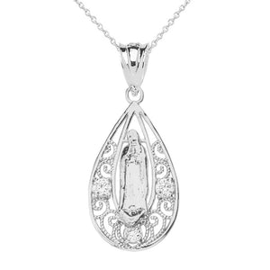 Shiny Beautiful Filigree Lady of Guadalupe Pendant Necklace in Sterling Silver