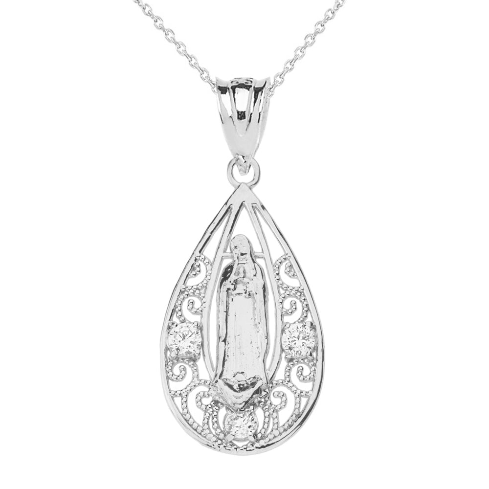 Shiny Beautiful Filigree Lady of Guadalupe Pendant Necklace in Sterling Silver