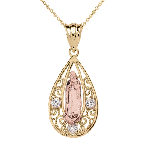 Shiny Beautiful Filigree Lady of Guadalupe Pendant Necklace in Two-Tone Gold