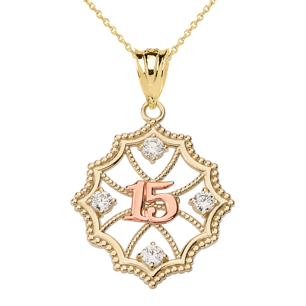 Amazon.com: Certified 14k Rose Gold Quinceanera with Heart Filigree Pendant  Necklace, 16