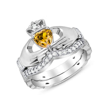 Load image into Gallery viewer, Irish Claddagh Braided Birthstone Ring Set in Gold with Diamonds (2 rings - Engagement and Wedding Ring)
