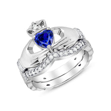 Load image into Gallery viewer, Irish Claddagh Braided Birthstone Ring Set in Sterling Silver (2 rings - Engagement and Wedding Ring)