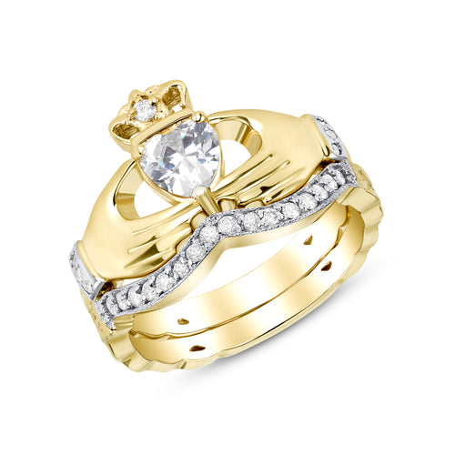 Irish Claddagh Braided Birthstone Ring Set in Gold with Diamonds (2 rings - Engagement and Wedding Ring)