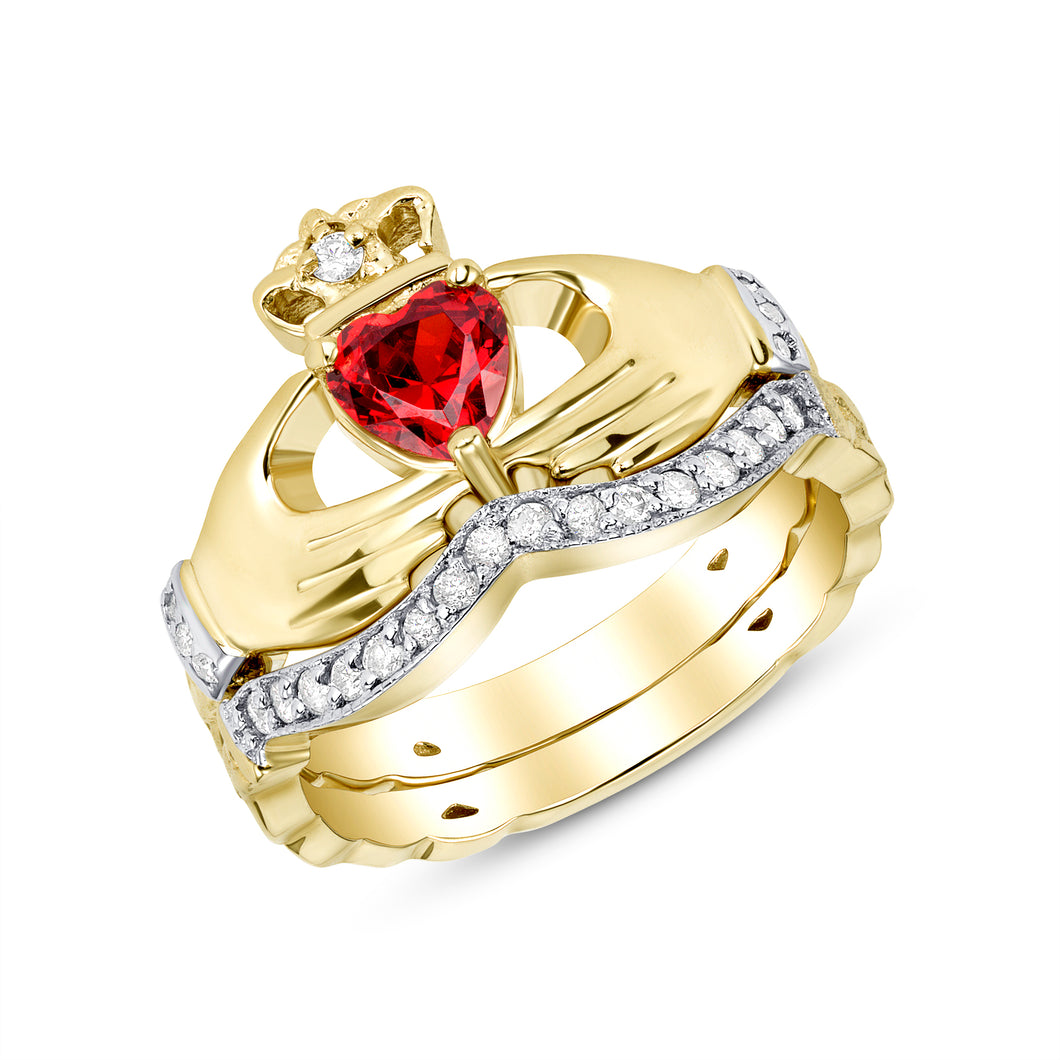 Irish Claddagh Braided Birthstone Ring Set in Gold with Diamonds (2 rings - Engagement and Wedding Ring)