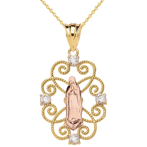 Shiny Filigree Our Lady Of Guadalupe Pendant Necklace in Two-Tone Gold - solid gold, solid gold jewelry, handmade solid gold jewelry, handmade jewelry, handmade designer jewelry, solid gold handmade designer jewelry, chic jewelry, trendy jewelry, trending jewelry, jewelry that's trending, handmade chic jewelry, handmade trendy jewelry, mod-chic jewelry, handmade mod-chic jewelry, designer jewelry, chic designer jewelry, handmade designer, affordable jewelry