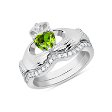 Load image into Gallery viewer, Irish Claddagh Cubic Zirconia Birthstone Ring Set in Gold (2 rings - Engagement and Wedding Ring)