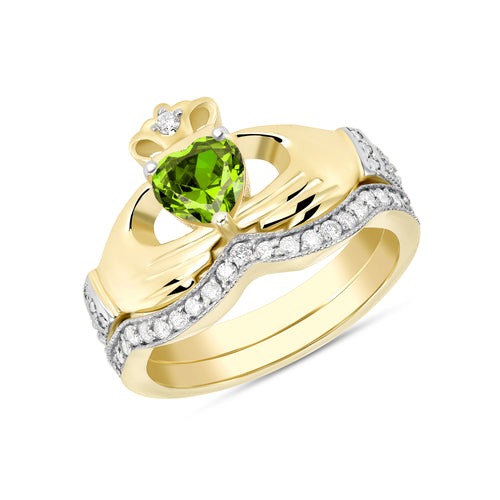 Irish Claddagh Birthstone Ring Set in Gold with Diamonds (2 rings - Engagement and Wedding Ring)