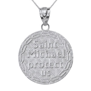 Saint Michael Protect Us Coin Charm Pendant and Necklace in Sterling Silver
