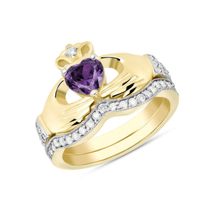 Irish Claddagh Birthstone Ring Set in Gold with Diamonds (2 rings - Engagement and Wedding Ring)