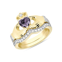 Load image into Gallery viewer, Irish Claddagh Cubic Zirconia Birthstone Ring Set in Gold (2 rings - Engagement and Wedding Ring)