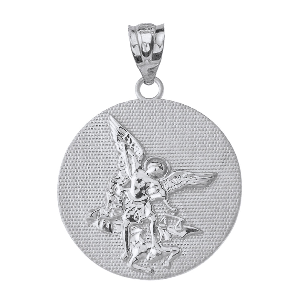 Saint Michael Protect Us Coin Charm Pendant and Necklace in Sterling Silver