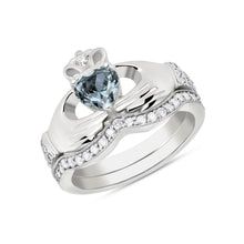 Load image into Gallery viewer, Irish Claddagh Birthstone Ring Set in Sterling Silver (2 rings - Engagement and Wedding Ring)