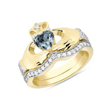 Load image into Gallery viewer, Irish Claddagh Cubic Zirconia Birthstone Ring Set in Gold (2 rings - Engagement and Wedding Ring)