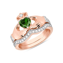 Load image into Gallery viewer, Irish Claddagh Cubic Zirconia Birthstone Ring Set in Gold (2 rings - Engagement and Wedding Ring)