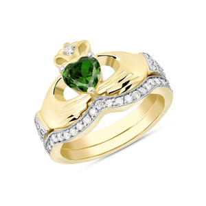 Irish Claddagh Cubic Zirconia Birthstone Ring Set in Gold (2 rings - Engagement and Wedding Ring)