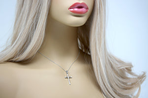 Classy Elegant Diamond Simple Cross Charm Pendant and Necklace in Sterling Silver