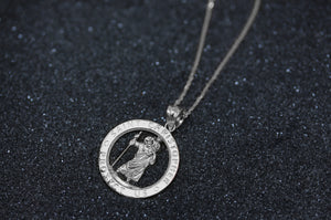 Round Saint Christopher Charm Pendant and Necklace in Sterling Silver