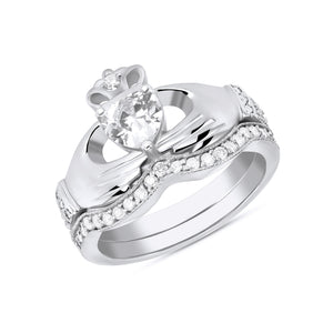 Irish Claddagh Cubic Zirconia Birthstone Ring Set in Gold (2 rings - Engagement and Wedding Ring)