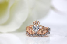 Load image into Gallery viewer, Irish Claddagh Birthstone Ring Set in Gold with Diamonds (2 rings - Engagement and Wedding Ring)