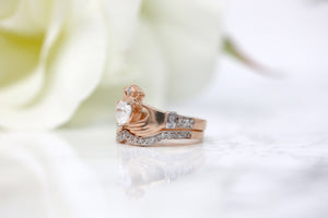 Irish Claddagh Cubic Zirconia Birthstone Ring Set in Gold (2 rings - Engagement and Wedding Ring)