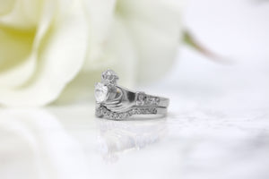 Irish Claddagh Cubic Zirconia Birthstone Ring Set in Gold (2 rings - Engagement and Wedding Ring)
