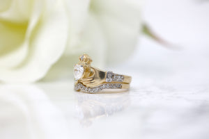 Irish Claddagh Birthstone Ring Set in Gold with Diamonds (2 rings - Engagement and Wedding Ring)
