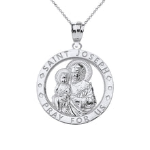 Load image into Gallery viewer, Saint Joseph Pray For Us Round Charm Pendant Necklace in Sterling Silver