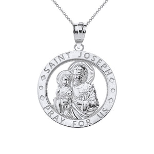 Saint Joseph Pray For Us Round Charm Pendant Necklace in Sterling Silver