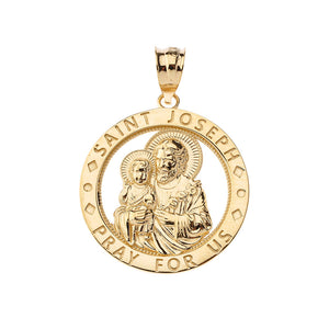Saint Joseph Pray For Us Round Charm Pendant necklace in Gold