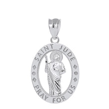 Load image into Gallery viewer, Saint Jude Pray for Us Oval Charm Pendant and Necklace in Sterling Silver