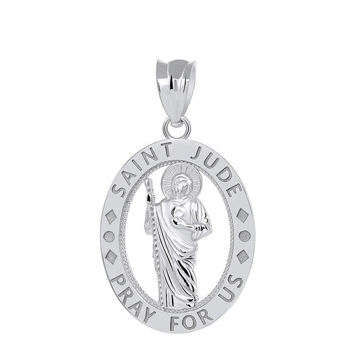 Saint Jude Pray for Us Oval Charm Pendant and Necklace in Sterling Silver