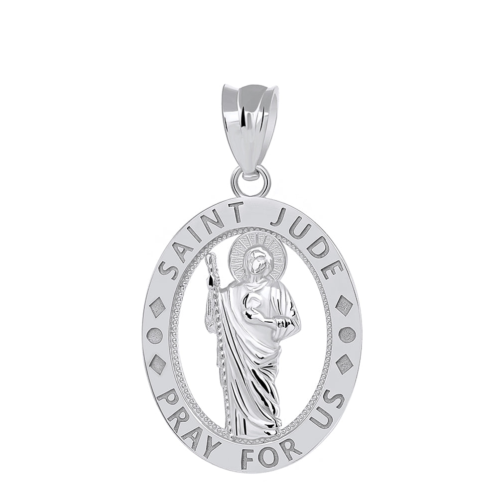 Saint Jude Pray for Us Oval Charm Pendant and Necklace in Sterling Silver